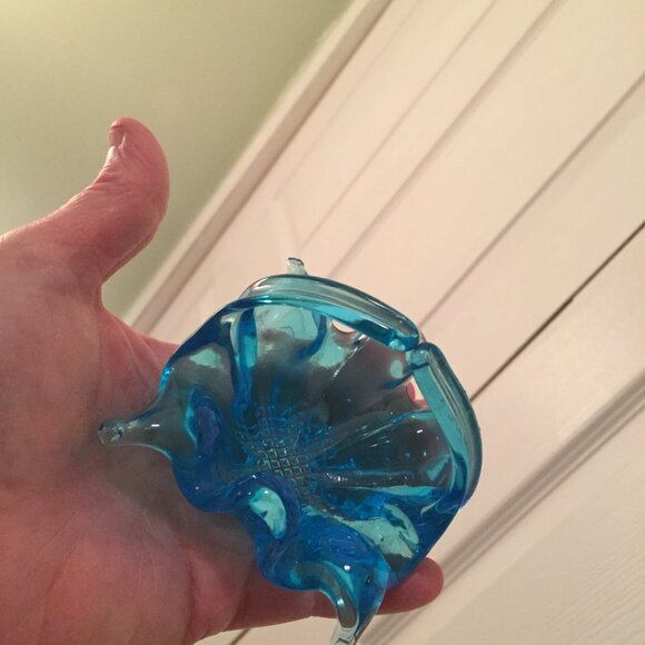 Small Blue Art Glass Basket 3" Trinket Dish Ring Holder Bubbles - Picture 11 of 11